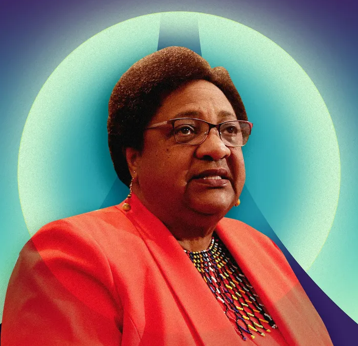 Photo of Dr. Shirley Weber wearing Orange over a abstract light blue color design.Photo-Illustration: by The Cut; Photo: Shutterstock